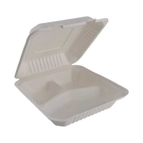 50 lunchbox carrées en fibre végétale couvercle attenant 3 compartiements 1300ml